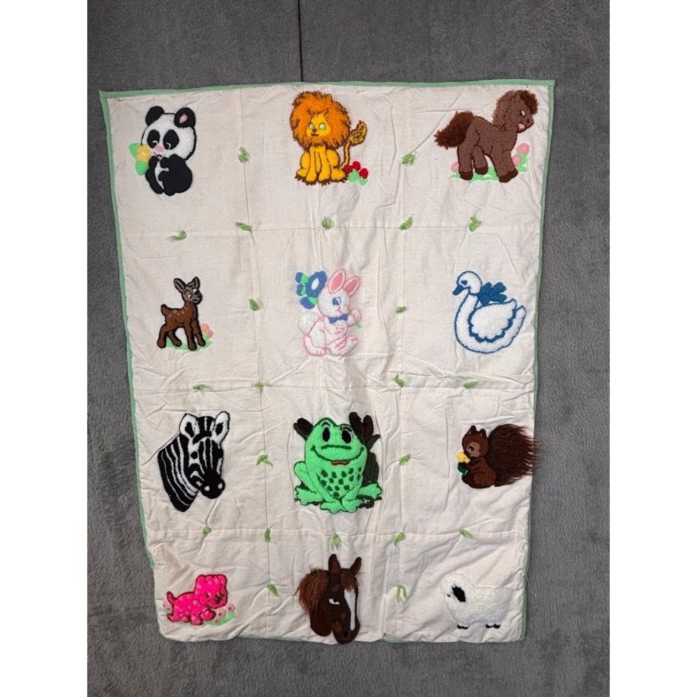 Vintage Handmade Chenille Animal Baby Quilt Reversible Toy Print Green Trim